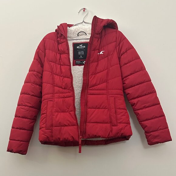 Hollister Women's Sherpa Lined Puffer Jacket Red Shell Size S - Picture 3 of 3